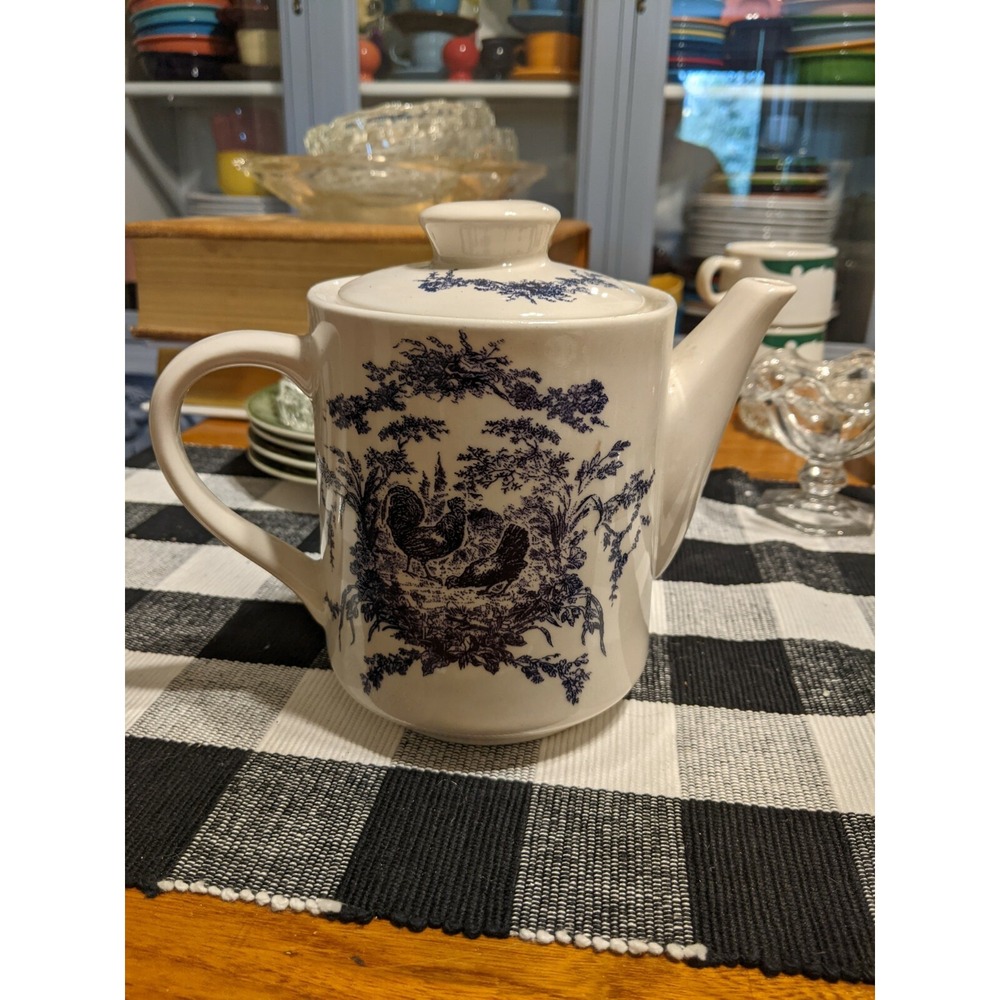 Vintage California Pantry Blue & White Cottage Core Rooster Tea Pot Farmhouse